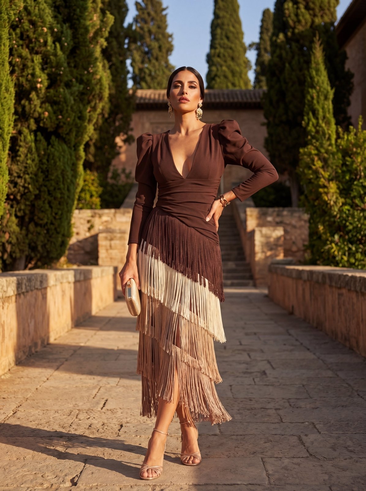 Doria | Vestido midi con flecos en capas y manga larga