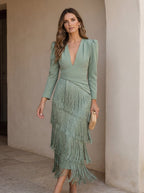 Doria | Vestido midi con flecos en capas y manga larga