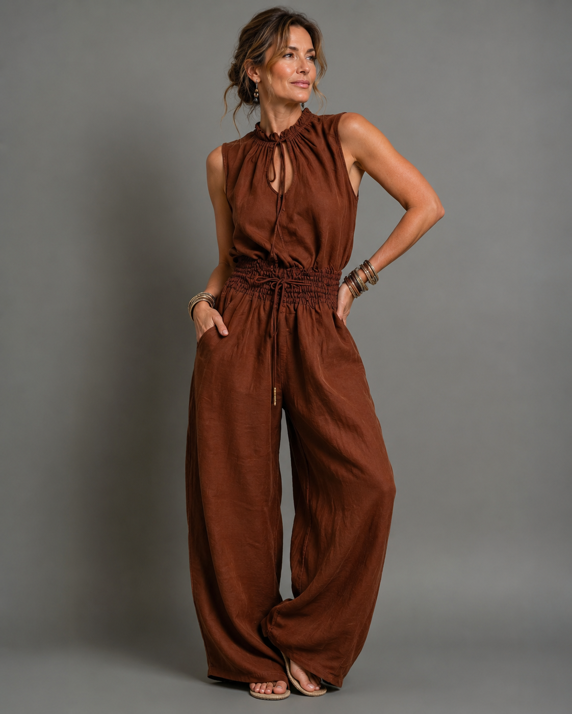 Alexa | Jumpsuit sin mangas de pierna ancha con cinturón
