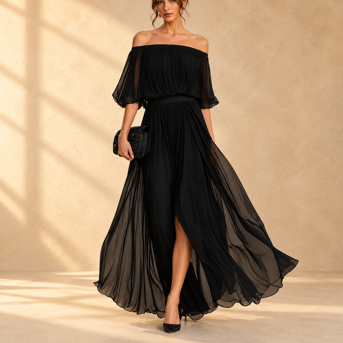 Genevieve | Vestido largo de chiffon con hombros descubiertos y falda vaporosa