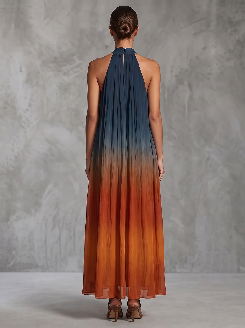 Paula | Vestido Maxi de Chifón Degradado en Azul y Óxido