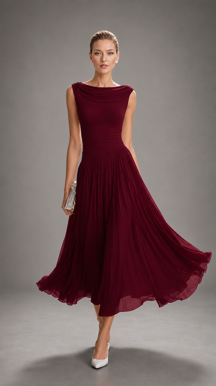 Simonetta | Vestido midi plisado con cuello drapeado