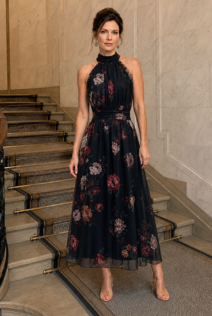 Soraya | Vestido midi floral con cuello halter