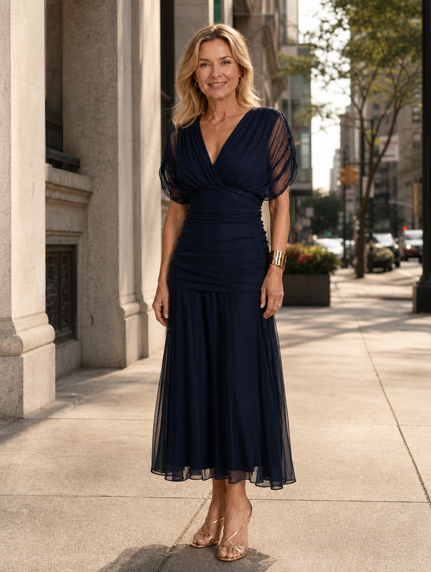 Séfora | Vestido midi fruncido con mangas transparentes