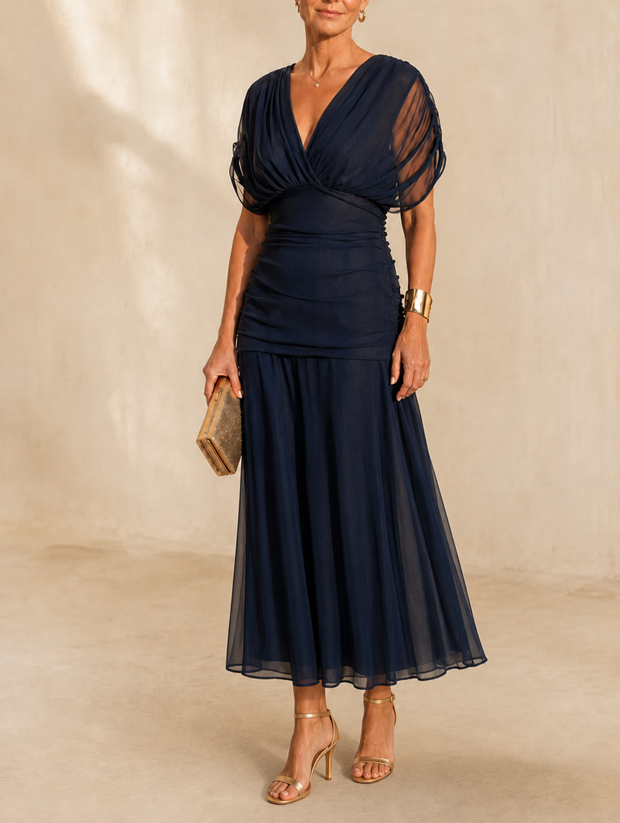 Séfora | Vestido midi fruncido con mangas transparentes