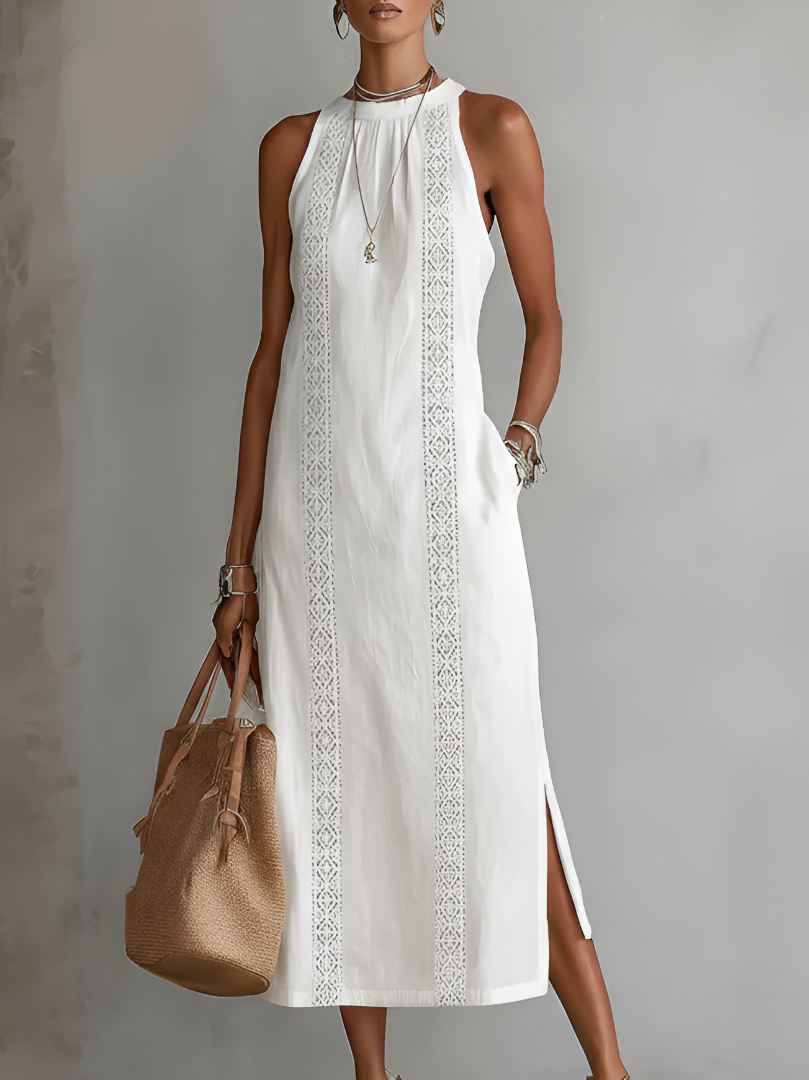 Ximena | Vestido midi de lino con cuello mao