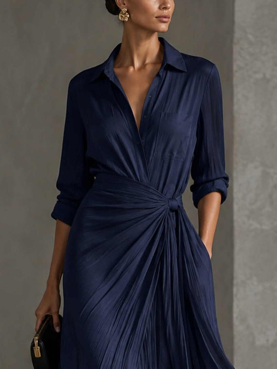 Allegra | Vestido Camisero Maxi con Nudo en la Cintura, Azul Marino