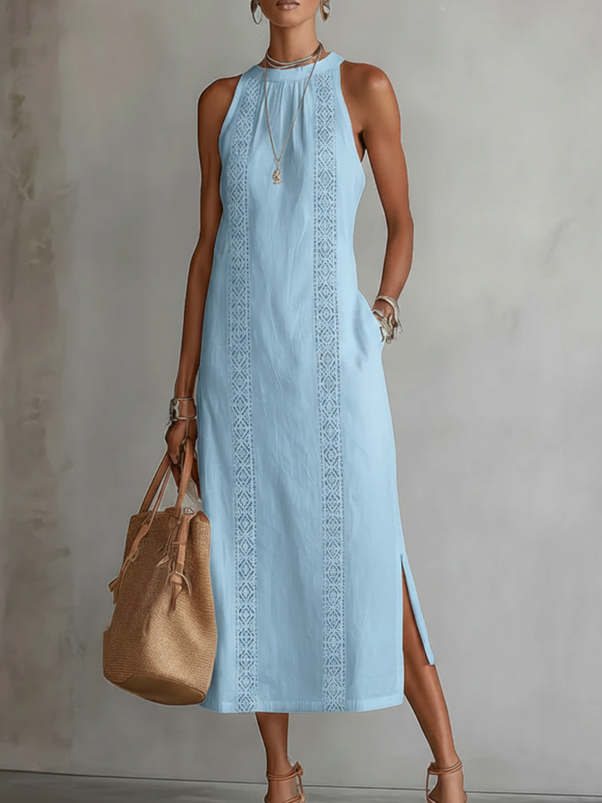 Ximena | Vestido midi de lino con cuello mao