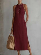 Ximena | Vestido midi de lino con cuello mao